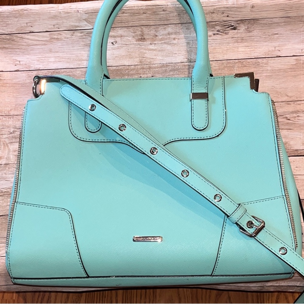 Rebecca Minkoff Mint colored leather crossbody satchel.